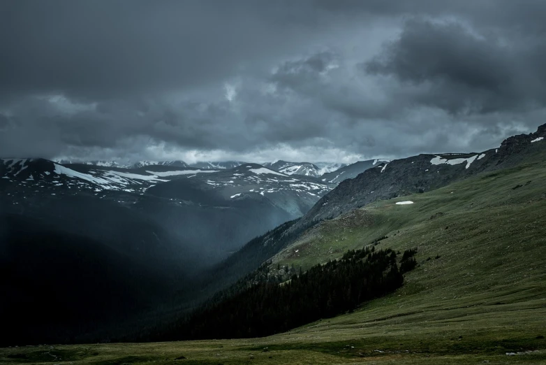 a herd of cattle grazing on top of a lush green hillside, a picture, by Andrew Domachowski, unsplash contest winner, minimalism, dramatic moody cold landscape, colorado mountains, glacier, ravens stormy sky of foreboding