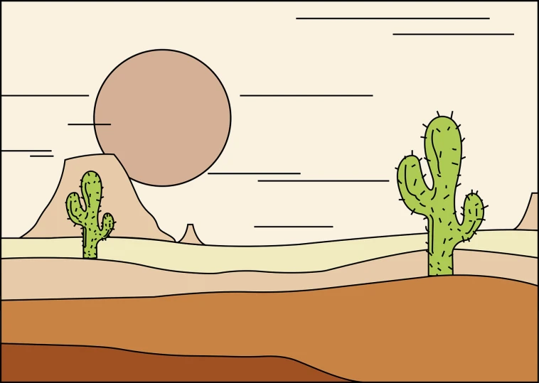 a desert scene with a cactus in the foreground, inspired by Jean Giraud, shutterstock, line vector art, wide establishing shot, inspired western comic, wikihow illustration