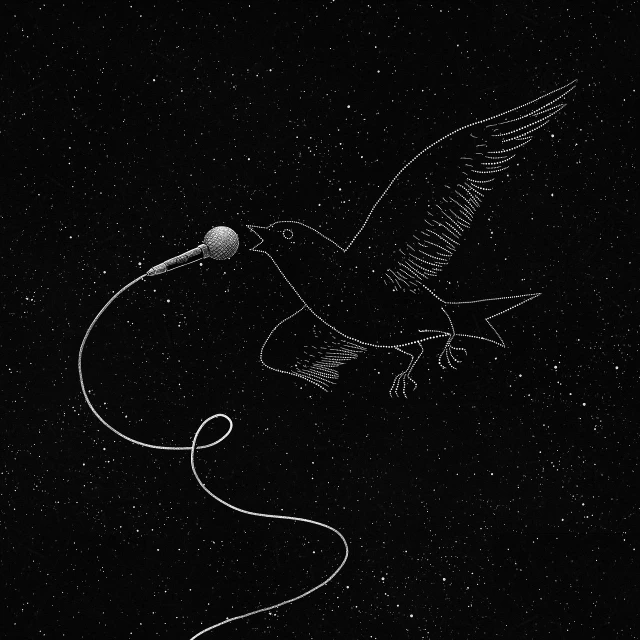 a black and white drawing of a bird with a microphone, an illustration of, by Paul Bird, digital art, floating in deep space, string theory, iphone wallpaper, star walk