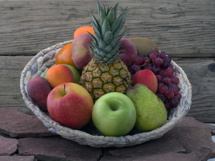 a basket filled with lots of different types of fruit, a still life, by Edward Corbett, pexels, (a bowl of fruit)!!!!!!!!!, pineapple, 2 0 1 0 photo, stock photo