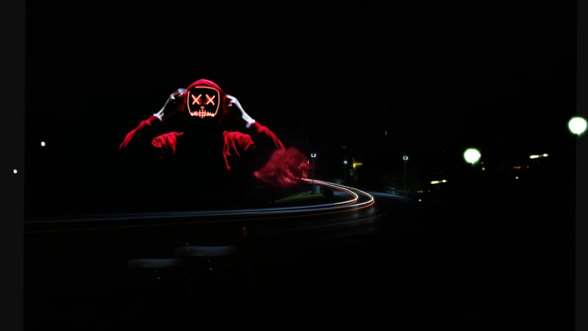 a person in a red hoodie on a street at night, pexels contest winner, digital art, anonymous as a car, bitcoin evil, highway, halloween night