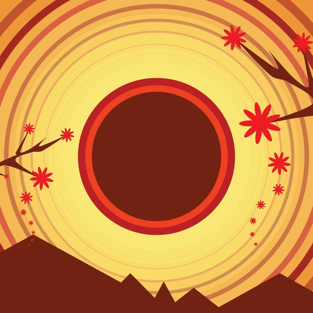 a close up of a tree with a sun in the background, vector art, inspired by Itō Jakuchū, art deco, planet with rings, sunset in a valley, sakura season dynamic lighting, red and yellow scheme