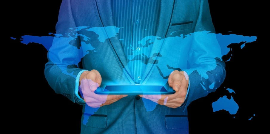 a man in a suit holding a tablet computer, a digital rendering, by Jeanna bauck, pixabay, map, blue - print, mercator projection, hands