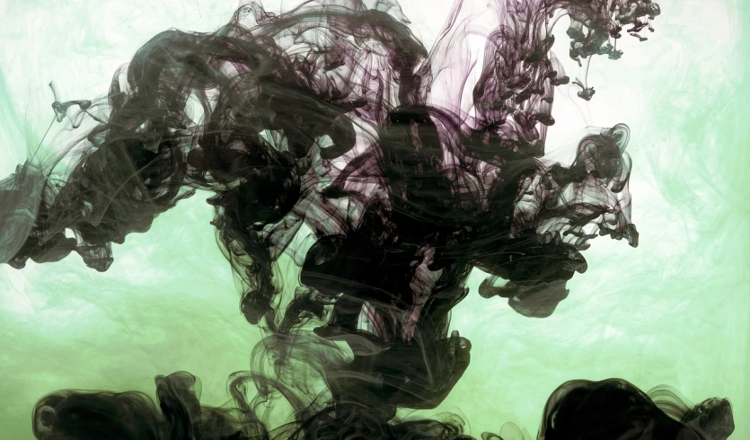 a close up of a black substance in water, a digital painting, inspired by Alberto Seveso, generative art, graffiti _ background ( smoke ), green and black colors, purple liquid, fractal human silhouette