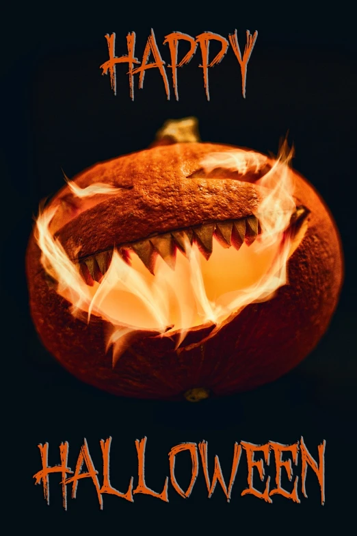 a halloween pumpkin with fire coming out of it, digital art, by Niko Henrichon, shutterstock, digital art, instagram story, carnage fangs, shot on nikon z9, phone wallpaper
