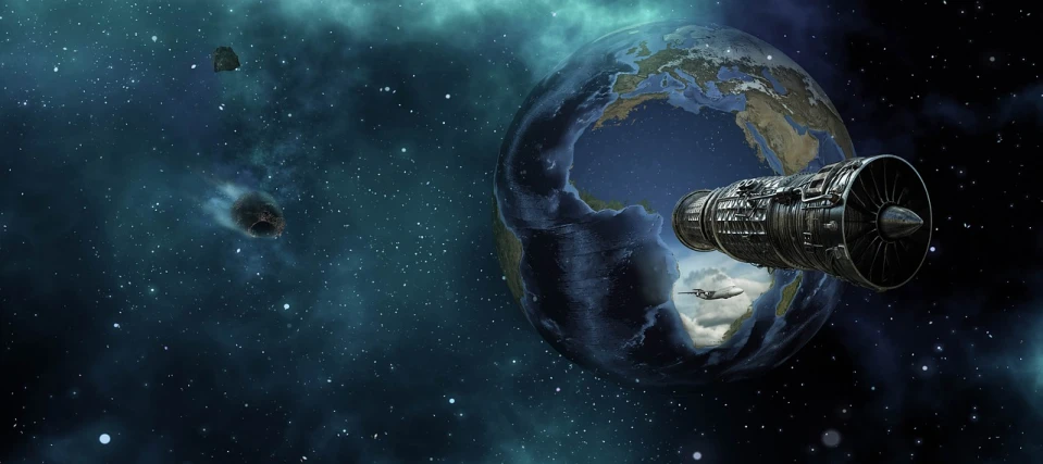 an artist's rendering of a space station in outer space, a matte painting, deviantart, surrealism, earth globe on top, wakanda background, space elevator, in a steampunk world