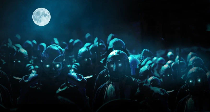 a large group of people standing in front of a full moon, by Adam Marczyński, deviantart, digital art, wearing gas mask helmets, cinematic blue lighting, paintball world cup, promotional still wide angle