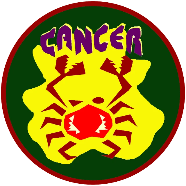 a yellow crab with the word cancer on it, by Ivan Ranger, patch logo design, reggae, taurus, centered!!!!!