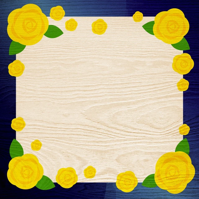 a wooden background with yellow roses and leaves, a picture, inspired by Masamitsu Ōta, frame around picture, with a blue background, classroom background, layered paper style