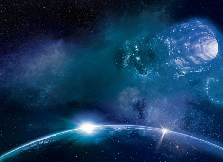 an image of a view of the earth from space, digital art, shutterstock, star flares, blue nebula, mass effect fantasy, big planet on background