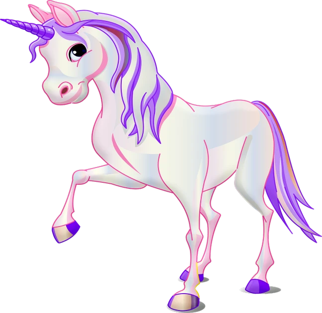 a close up of a unicorn on a white background, an illustration of, purple and pink, sharp high detail illustration, fully colored, made out of shiny white metal