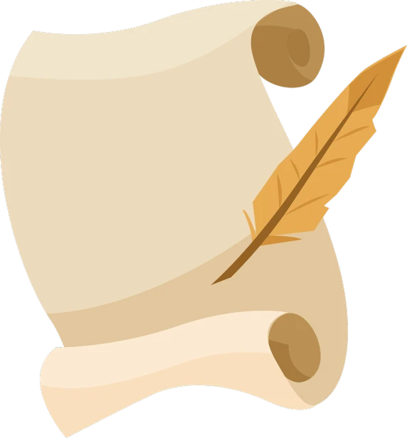 a scroll with a feather resting on top of it, an illustration of, conceptual art, whole page illustration, blank, simple primitive tube shape, da vinci notes