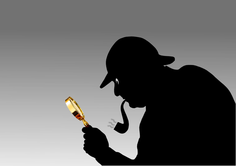 a silhouette of a man holding a magnifying glass, an illustration of, conceptual art, sherlock holmes, flash photo, wikihow illustration, very known photo