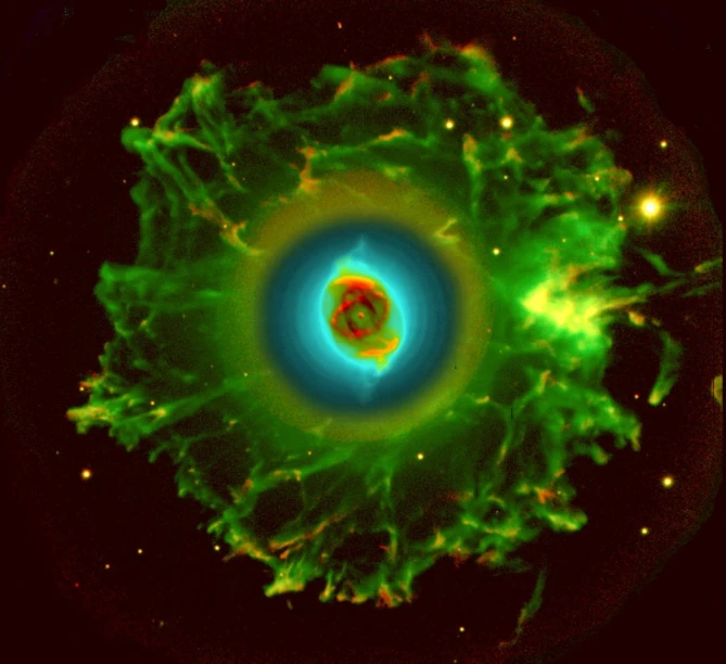 a close up of a planetary object on a black background, a microscopic photo, flickr, radiant nebula colors, cyan and green, hubble, eye of sauron