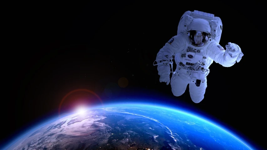 an astronaut floating in the air above the earth, unaware of your existence, space themed, cosmic ambient, ww2 space tech