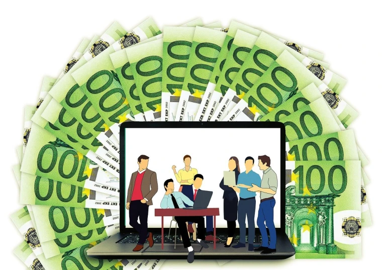 a laptop computer sitting on top of a pile of money, a digital rendering, trending on pixabay, figuration libre, a group of people, centre image, in front of a computer, arbeitsrat fur kunst
