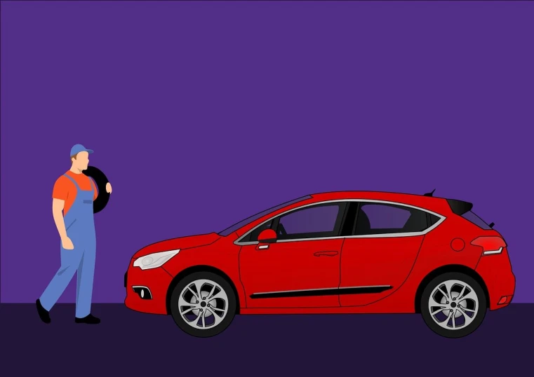 a woman standing next to a red car, a cartoon, pixabay contest winner, conceptual art, inspect in inventory image, purple and scarlet colours, ford fusion, solid background color