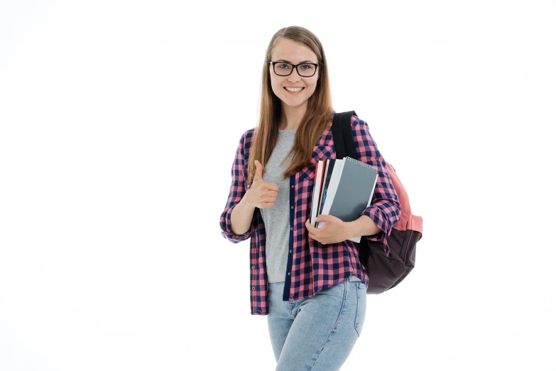 a woman with a backpack and some books, a picture, shutterstock, on the white background, posing for camera, slight nerdy smile, cyber school girl