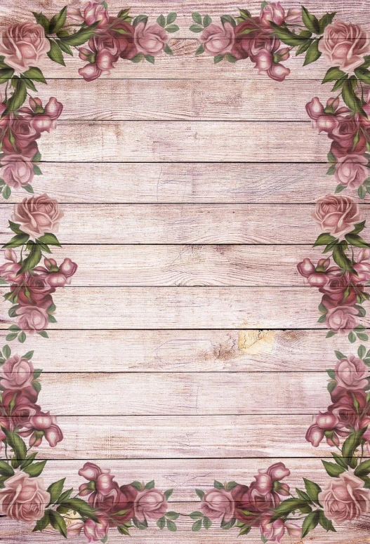a wooden background with pink roses and leaves, a digital rendering, baroque, bottom shot, distant photo