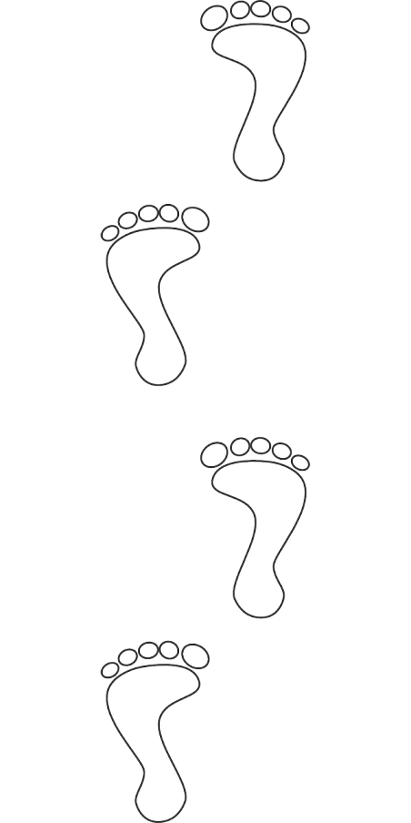 a line of footprints on a black background, a stipple, inspired by Victorine Foot, reddit, ascii art, made in paint tool sai2, earring design, intertwined full body view, birth