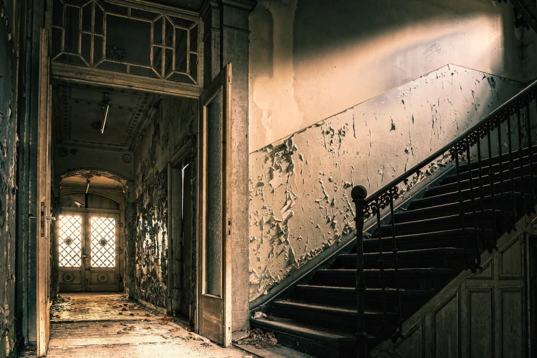 a set of stairs in a run down building, a photo, by Sebastian Spreng, shutterstock, renaissance, many scars. cinematic lighting, about to enter doorframe, very detailed photograph, post processed denoised