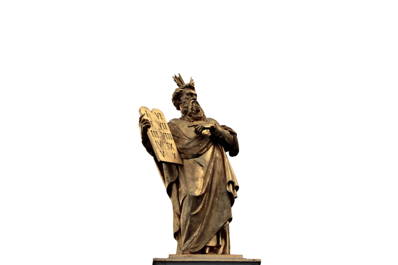 a statue of a man holding a book, inspired by Nicomachus of Thebes, featured on zbrush central, baroque, on a flat color black background, album photo, gold metal, moses