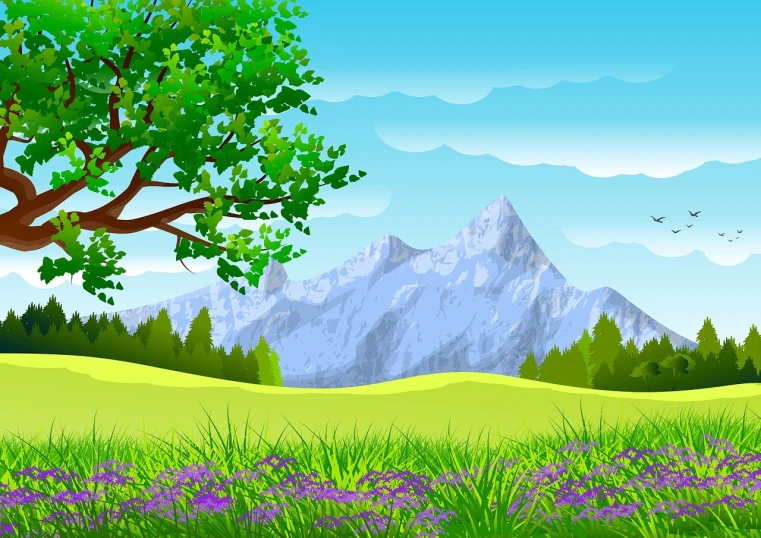 a field with a tree and mountains in the background, an illustration of, grand majestic mountains, lush trees and flowers, on a bright day, purple and green colors