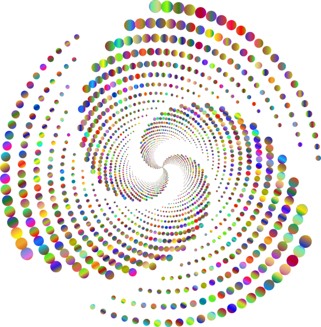 a spiral of colored dots on a black background, a raytraced image, flickr, kinetic pointillism, round shapes, made with illustrator, swirly eyes, with gradients