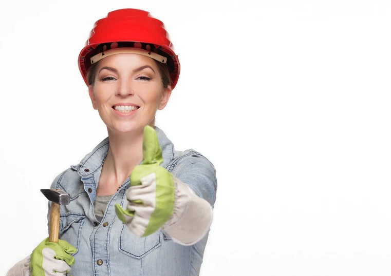 a woman in a hard hat and gloves giving a thumbs up, a stock photo, by Juan O'Gorman, shutterstock, plasticien, red hat, reconstruction, cleanest image, like a professional model
