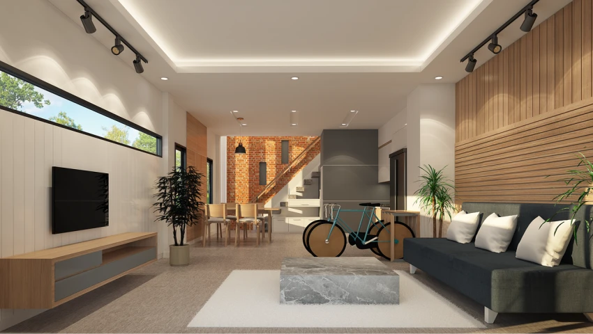 a living room filled with furniture and a bike, a 3D render, inspired by Reinier Nooms, shutterstock, passive house, gentle ambient lighting, modern japanese living room, living room with split levels