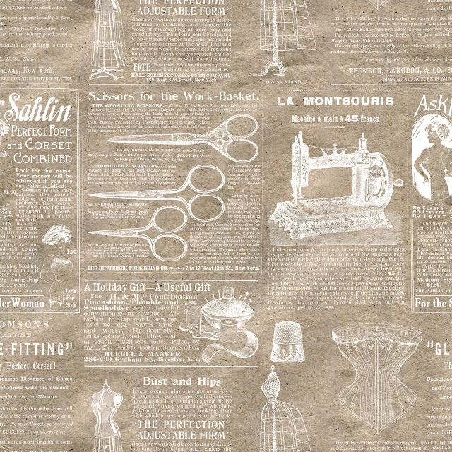 a close up of a newspaper with a bunch of scissors, inspired by Théophile Steinlen, trending on cg society, art nouveau, cotton fabric, taupe, blueprint schematics, retro style ”