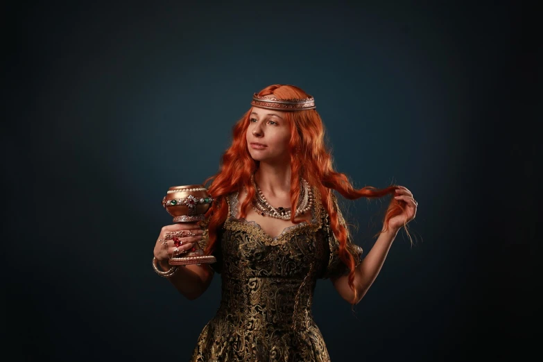 a woman with red hair is holding a jar, a portrait, renaissance, gold crown and filaments, studio portrait photo, celtic hair braid, copper cup