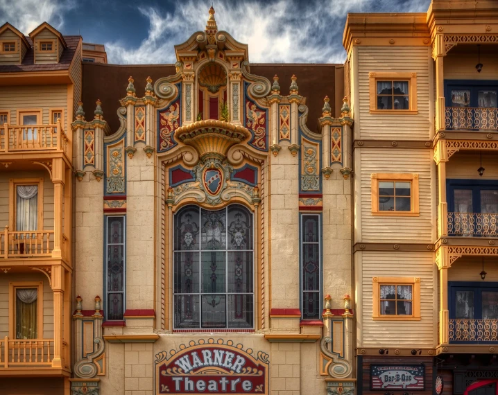 a building with a red fire hydrant in front of it, inspired by Carl Spitzweg, art nouveau, epic theater, barnet, marquee, wlop hdr