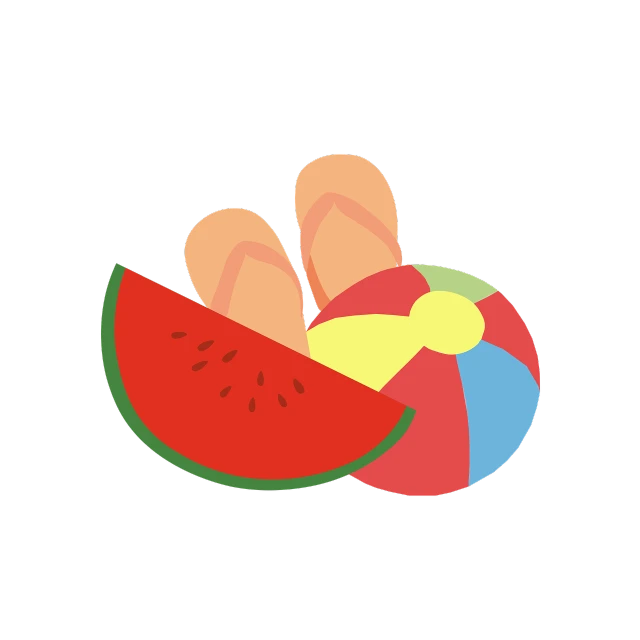 a person holding a beach ball and a slice of watermelon, figuration libre, sandals, on a flat color black background, miscellaneous objects, animation