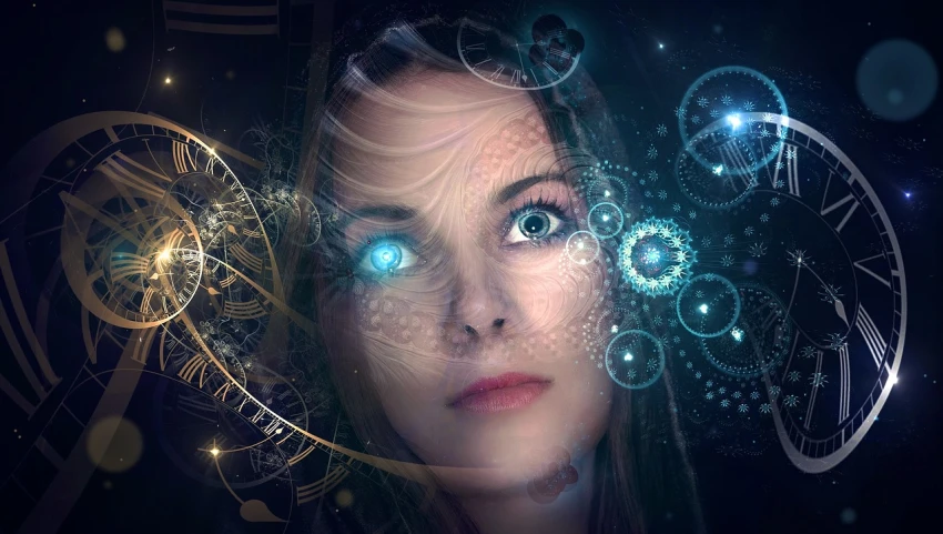 a close up of a person with a clock in the background, digital art, digital art, glowing blue eyes, beautiful cosmic neural network, avatar image, intricate gears and lenses