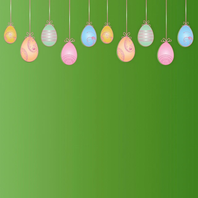 a bunch of eggs hanging from strings on a green background, an illustration of, pixabay, background pastel, ornamented, empty space background, nine separated hd