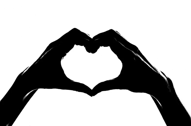 a person making a heart shape with their hands, a black and white photo, pixabay, clip art, loverslab, - signature, computer - generated
