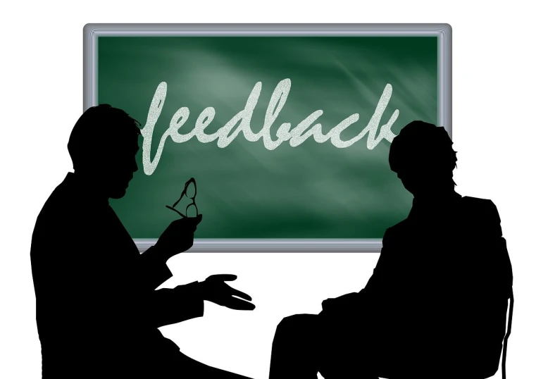 two people sitting in front of a blackboard with the word feedback written on it, by Maria van Oosterwijk, pixabay, institutional critique, white background”, green, poor quality, stock photo