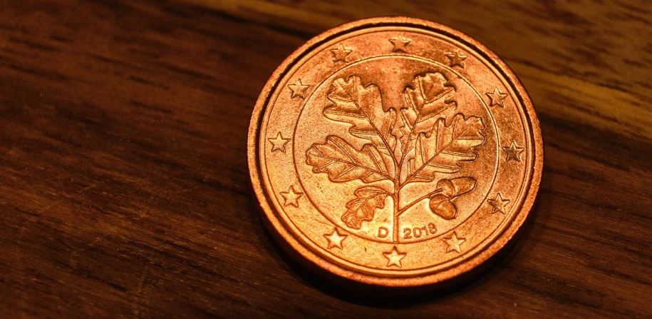 a coin sitting on top of a wooden table, a macro photograph, by Dietmar Damerau, pixabay, oak leaves, highly detailed product photo, 🦑 design, european union