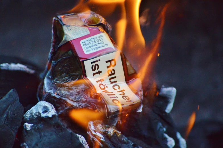 a pile of food sitting on top of a fire, a picture, by Dietmar Damerau, flickr, graffiti, fire warning label, barbecuing chewing gum, macro shot, rammstein