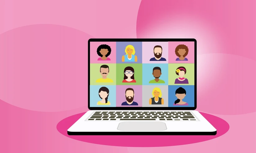 a laptop with a group of people on the screen, by Whitney Sherman, computer art, pink background, flat 2 d vector art, face focus!, profile close-up view