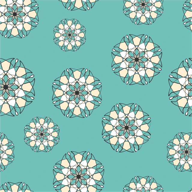 a pattern of flowers on a blue background, a digital rendering, arabesque, voronoi pattern, bluish and cream tones, round elements, seafoam green