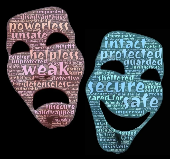 a couple of masks sitting next to each other, pixabay, words, security, praised, enhanced faces