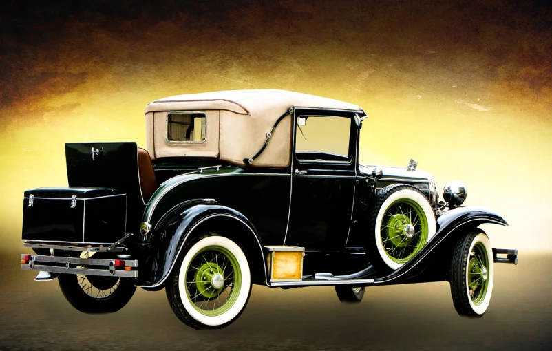 an old black car with a beige top, a colorized photo, inspired by Otto Eckmann, trending on pixabay, ford, backlit, convertable, 2 0 s