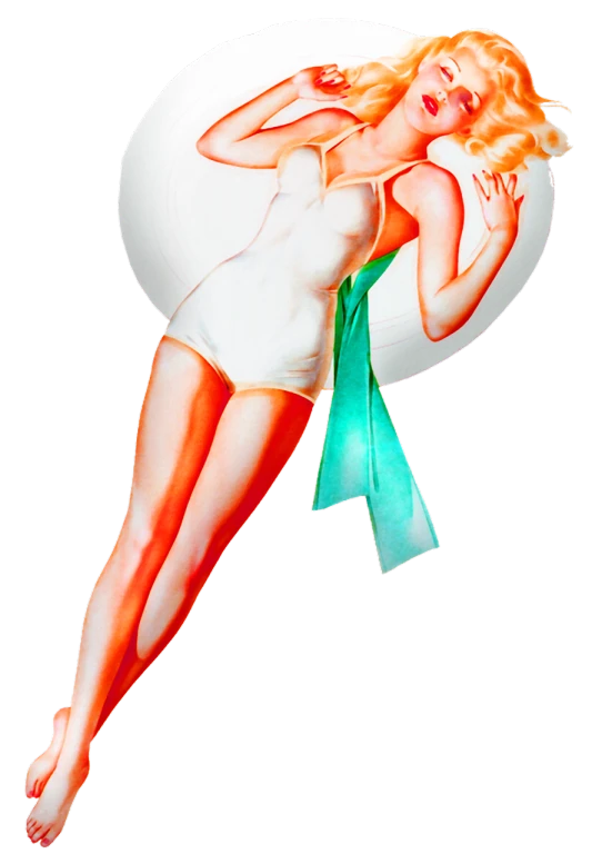 an image of a pinup girl floating in the air, a colorized photo, inspired by Rolf Armstrong, an astronaut holding a beachball, sunbathing. illustration, ribbon, moonglow