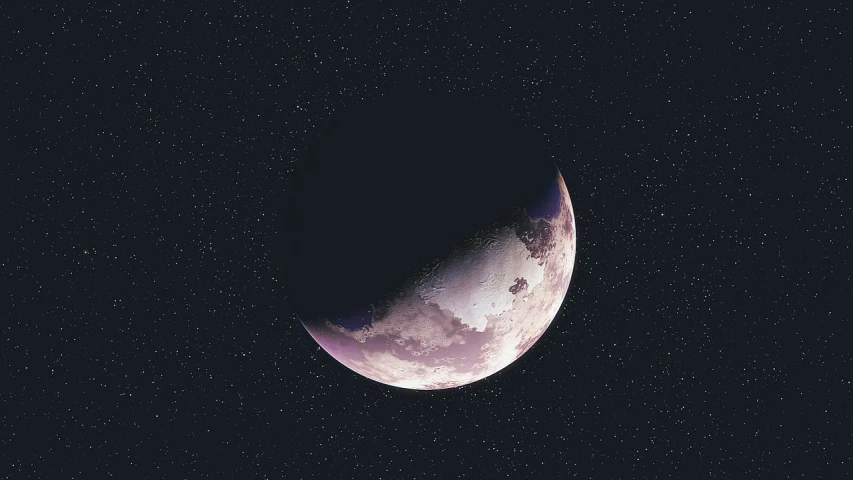 a close up of the moon with stars in the background, a digital painting, pexels, space art, break of dawn on pluto, forest pink fog planet, earth covers lightly, half moon