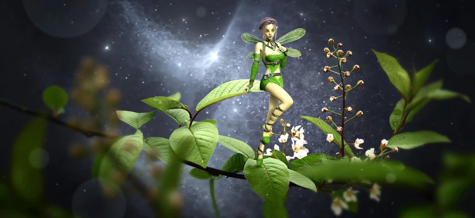 a fairy sitting on top of a tree branch, a 3D render, inspired by Alison Kinnaird, alien plant from alpha centauri, tinkerbell, fantasy flowers and leaves, beautiful avatar pictures