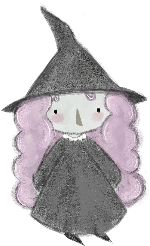 a drawing of a witch with pink hair, inspired by Marie Laurencin, digital art, medium detail, gray anthropomorphic, spooky halloween theme, hagrid in cute anime style