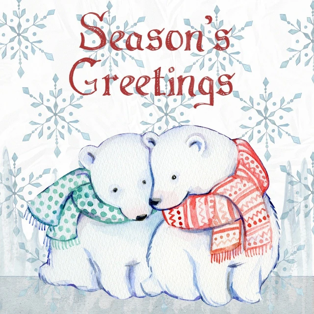 a couple of polar bears standing next to each other, a portrait, by Elaine Hamilton, shutterstock, folk art, he is greeting you warmly, four seasons, vignette illustration, closeup photo