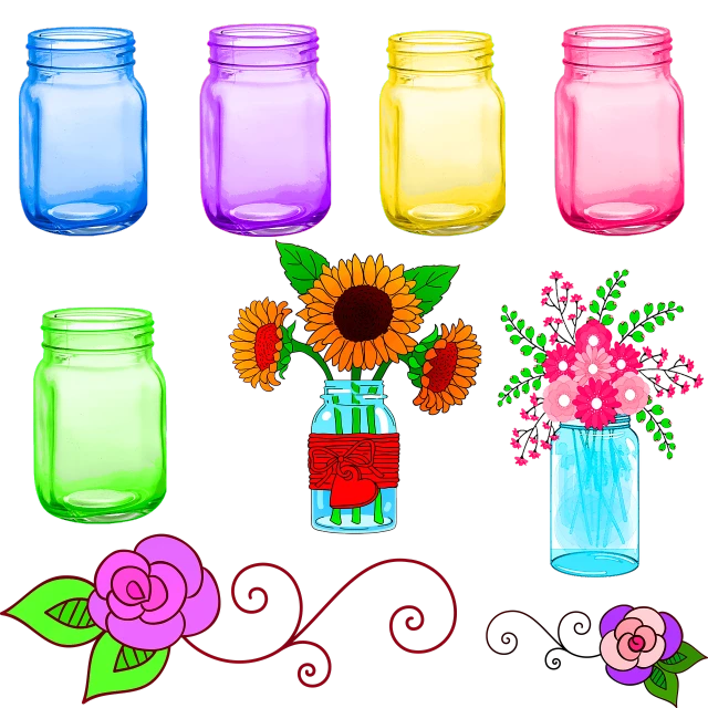 a bunch of jars with flowers in them, vector art, by Mac Conner, pixabay, bright on black, rainbow fireflies, sunflower stained glass, 🌸 🌼 💮